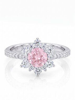 Pink Flower / Snowflake Gemstone Ring, 925 Sterling Silver